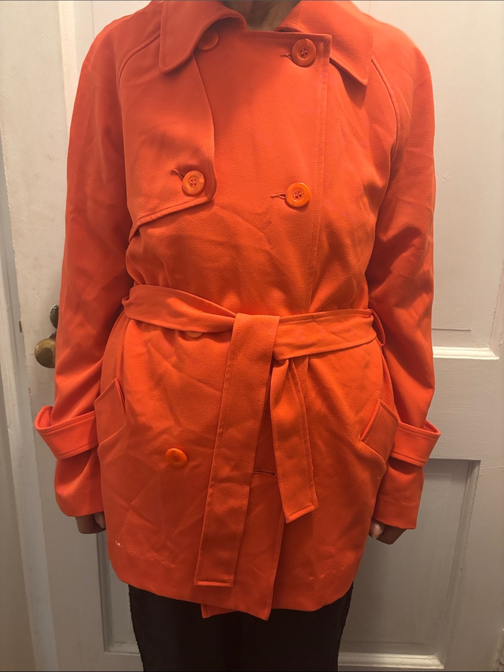 Orange Double-Breasted Belted Trench Coat
